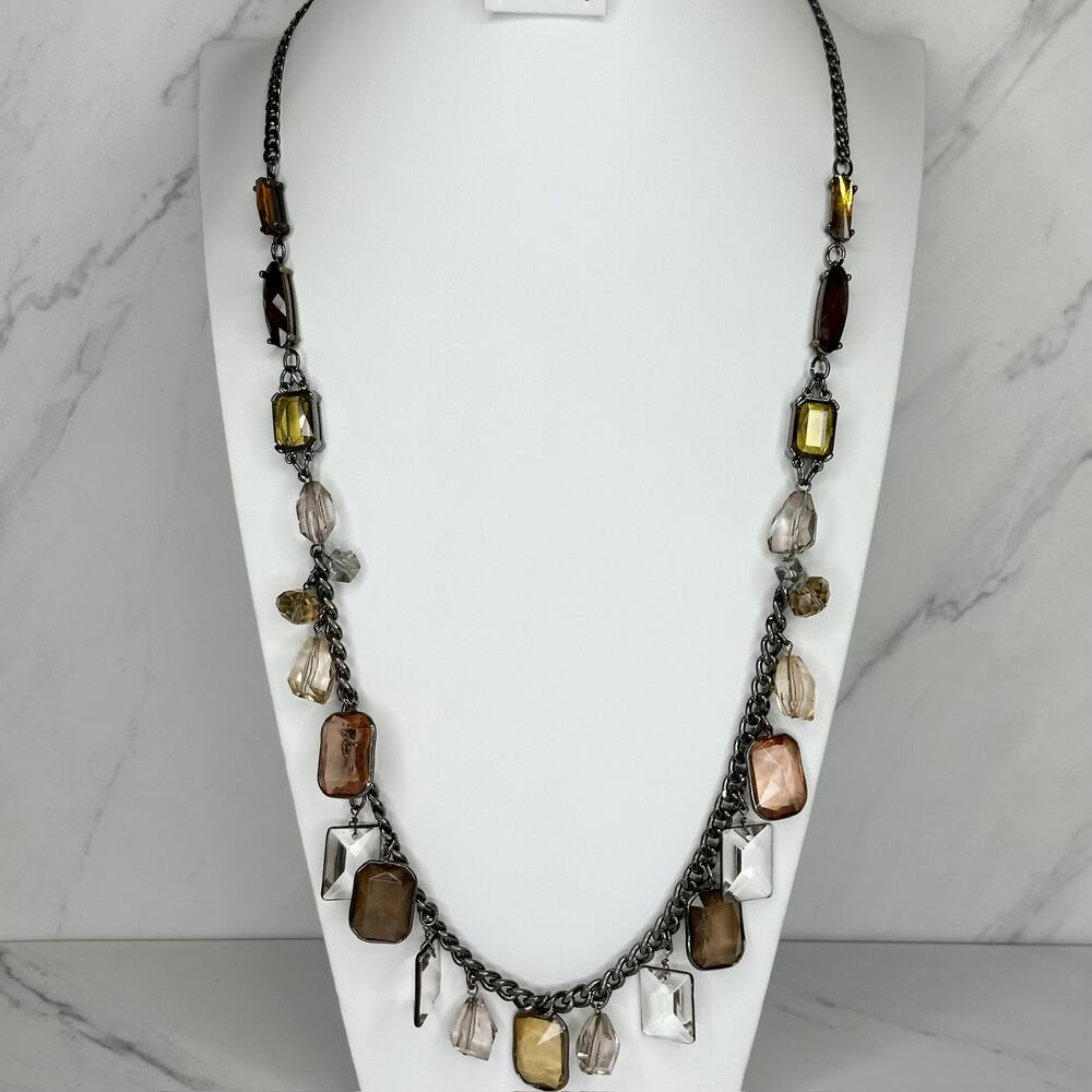 Chico's Faceted Gem Charm Fringe Gunmetal Tone Statement Necklace Earthy ✨
